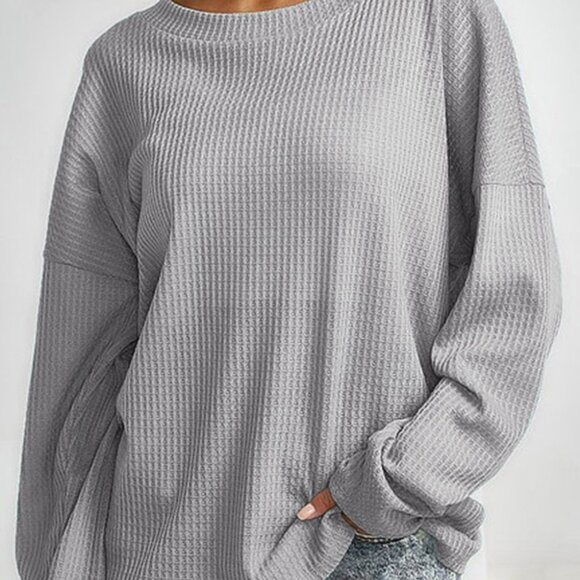 B031 Gray V Cut Drawstring Back Waffle Knit Long Sleeve Top - Picture 5 of 5